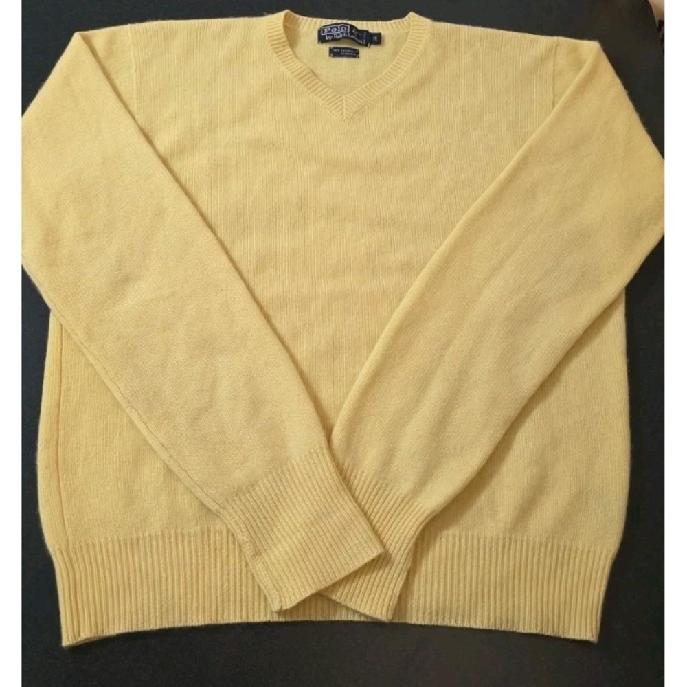 Polo Ralph Lauren Sweater Men Sz M Yellow 100% Cashmere V Neck Pullover Knit